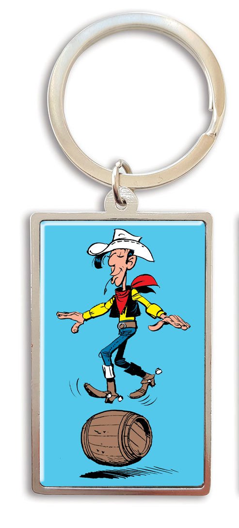 Porte-clés de collection Lucky Luke, en équilibre sur un tonneau (3x5cm)